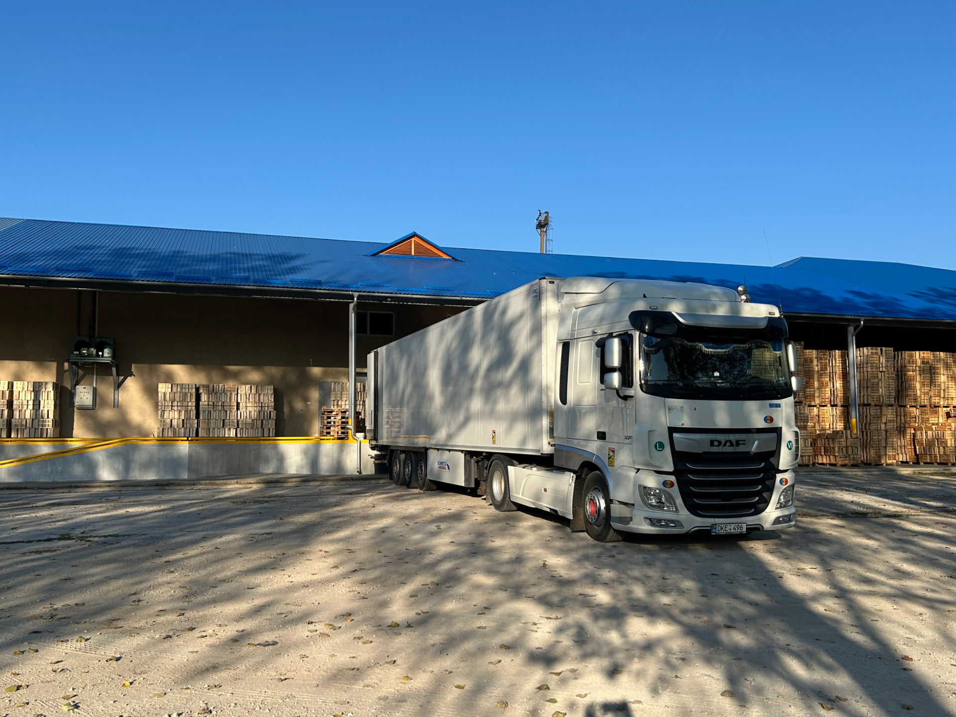 Camionul alb Dafino Grup poziționat la rampa depozitului frigorific