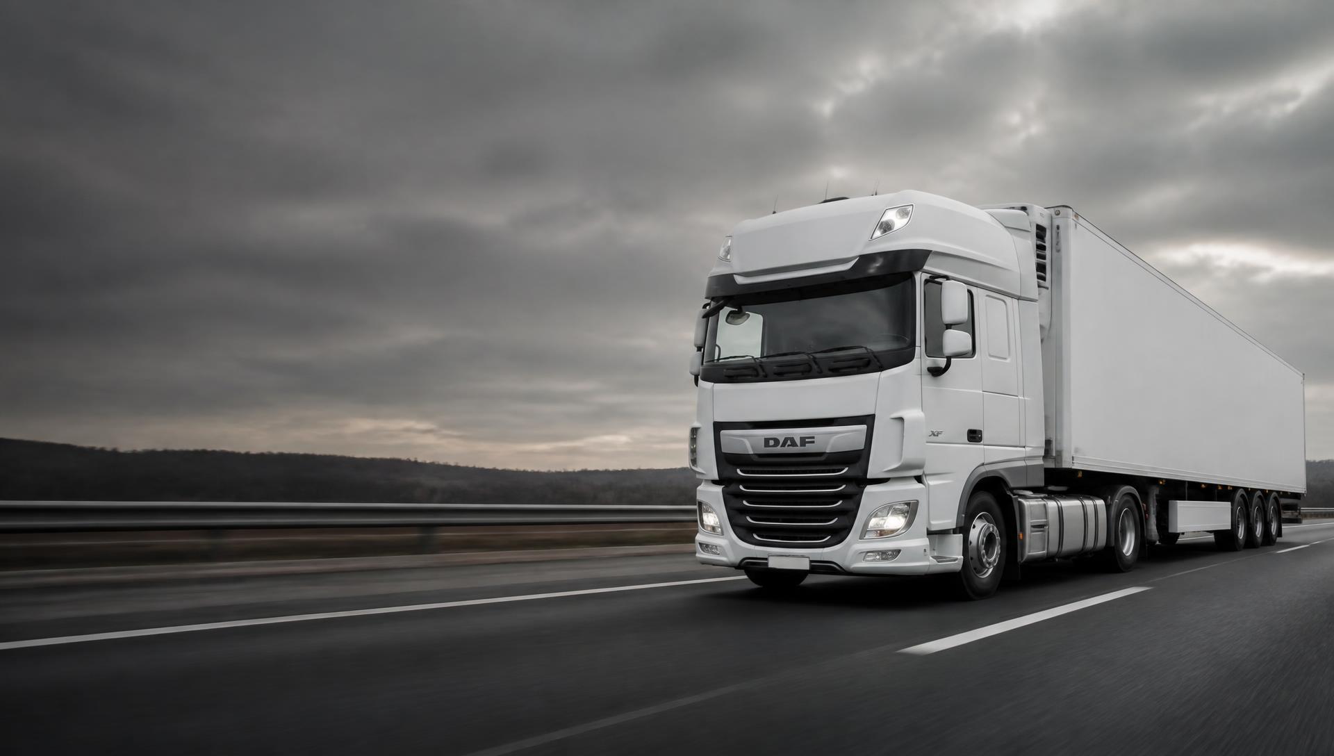Camion DAF frigorific în mers pe o autostradă europeană